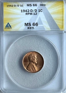 1942-D/D LINCOLN WHEAT CENT - ANACS MS66 RED - RPM 12 - FREE SHIPPING! - Picture 1 of 4