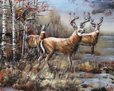Buck Deer and Doe by Lake Cabin Lodge Wall Painting Sculpture Figurine