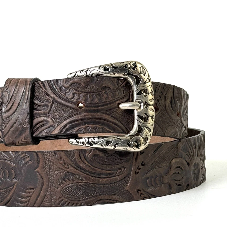 WOMENS FLORAL EMBOSSED WESTERN LEATHER BELT COWGIRL RODEO  BROWN APPROX. 1.5" - Image 1 of 1
