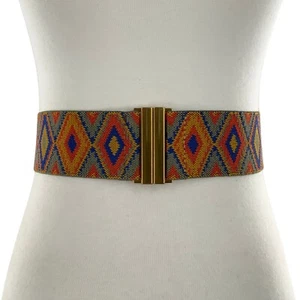 Women Bohemia Wide Soft Elastic Waist Colorful Geometric Pattern Waistband Belt - Picture 1 of 16