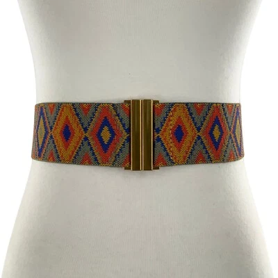 Women Bohemia Wide Soft Elastic Waist Colorful Geometric Pattern Waistband Belt - Image 1 of 4