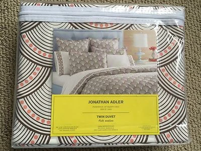 NIB Jonathan Adler Printed Fish Scales 400 TC Twin Duvet Cover Chocolate/Coral - Image 1 of 4