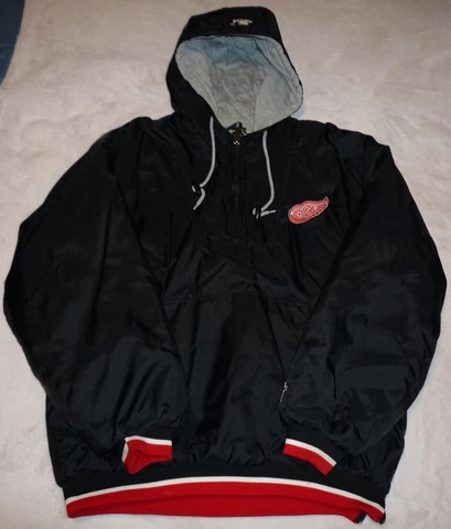 VINTAGE DETROIT RED WINGS HOODED QUARTER ZIP PULLOVER HOCKEY JACKET ~ SIZE LARGE Cover