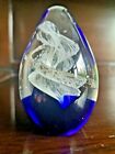 Art Glass Egg Shaped Paperweight -  Blue and White Design