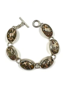 STERLING SILVER OVAL LINK LEOPARD JASPER BRACELET TAXCO MEXICO - Picture 1 of 5