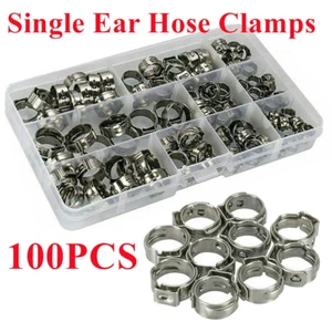 100PCS Stainless Steel Single Ear Hose Clamps Assortment Rings ON Fuel Pipe Clip - Picture 1 of 11