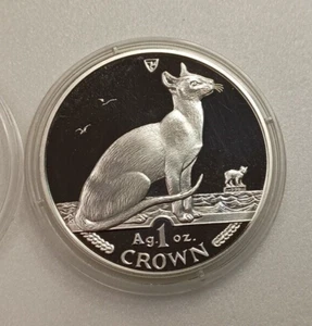 1992 Isle of Man 1 Crown Proof 1oz .999 Fine Silver Siamese Cat in Capsule 92B - Picture 1 of 5