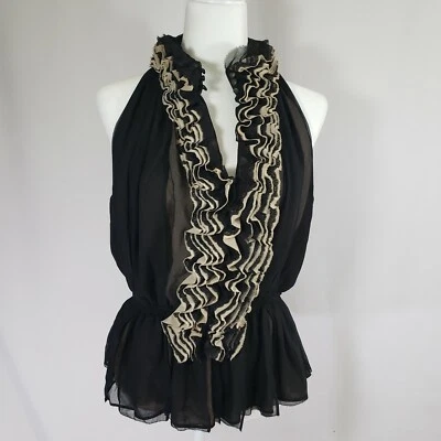 Blusa mediana Robert Rodriguez para mujer con volantes sin mangas negra y tostada Foto 1 de 4