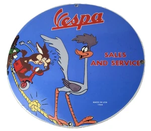 Vintage Vespa Sign - Road Runner Bike Gas Pump Service Station Porcelain Sign - Picture 1 of 14