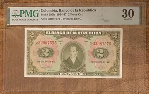 1947, Colombia Dos Pesos Oro PMG 30 VF. - Picture 1 of 2