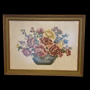 Vintage Needlework Embroidery Floral Bouquet Art Framed Wall Decor Needlepoint - Picture 1 of 10