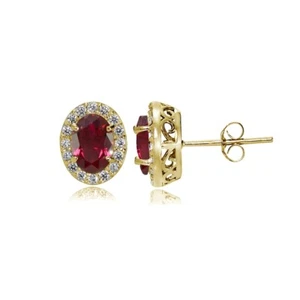 Yellow Gold Flashed Sterling Silver Created Ruby and CZ Oval Halo Stud Earrings - Picture 1 of 4