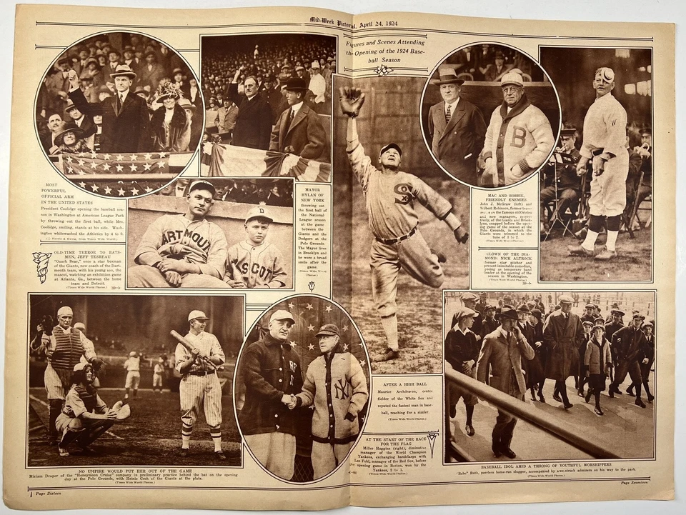 1924 ДЕНЬ ОТКРЫТИЯ С РАЗВОРОТОМ MILLER HUGGINS BABE RUTH HEINIE GROH CALVIN COOLIDGE - Изображение 1 из 1