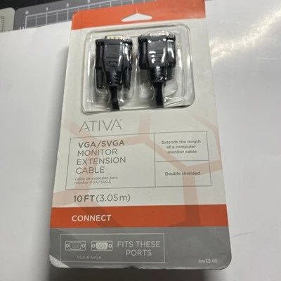 ATIVA VGA/SVGA Monitor Cable 10ft HDB15 MALE Plugs High Resolution NEW - Image 1 of 2