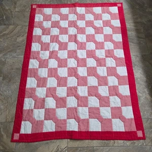 Vintage Handmade Quilt Throw Red and White Checkered Farmhouse Accent Blanket - Picture 1 of 7