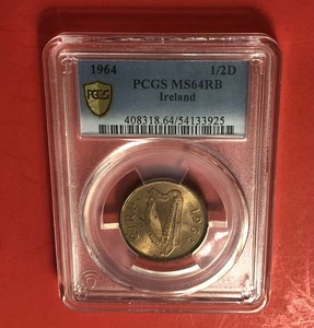 1964 - IRLAND, UNZIRKULIERT 1/2 D MÜNZE, BEWERTET VON PCGS MS 64 RB. - Bild 1 von 4