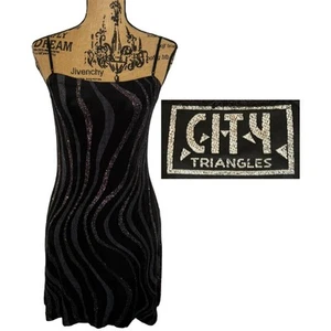 90s City Triangles Glitter Mini Dress Black Silver Vintage Formal Short Trendy - Picture 1 of 3