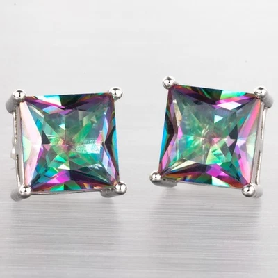 Brincos perfurados de prata topázio místico arco-íris corte princesa 8x8 - Imagem 1 de 4