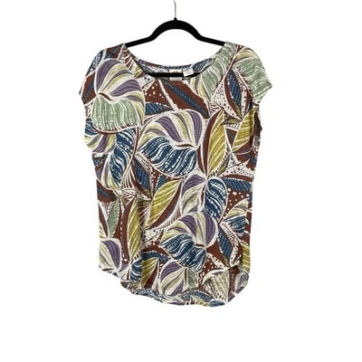 C&C California 100% Linen Multicolor Leaf Print Cap Sleeve Blouse Women’s Size L - Image 1 of 4