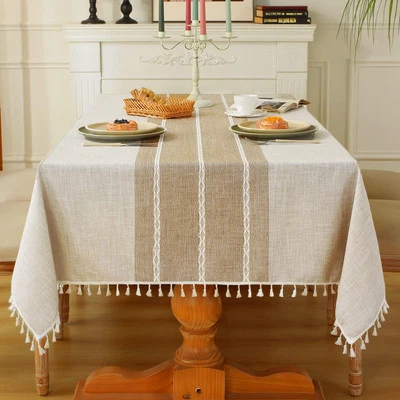 Laolitou Rustic Tablecloth 120" x 55" (Rectangular), Lines Coffee  - Image 1 of 4