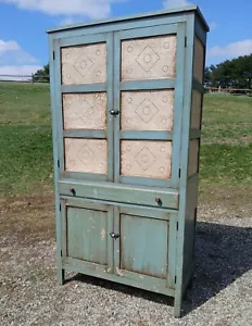 Antique Blue Pie Safe Wall Cupboard with 12 Pierced Cream Colored Tins 1870s Era - Picture 1 of 22