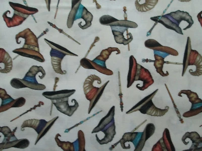 WITCH HATS BROOMS WITCHES CREAM COTTON FABRIC FQ - Image 1 of 4