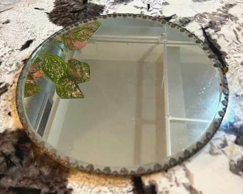 Art Nouveau Era 10” Beveled Glass Round Plateau Mirror with Bronze Base Cover