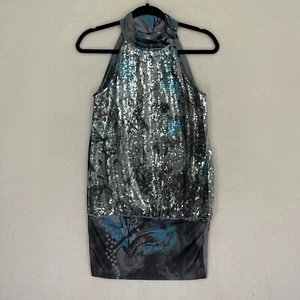 Studio Y Sequin Silver & Dark Gray Blue Sleeveless Party Dress Women's Sz Small - Picture 1 of 8
