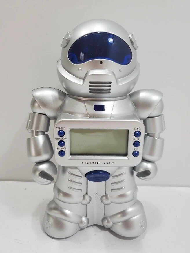 Robot 9" Alarm Clock Coin Bank Sharper Image, Powers On  - Image 1 of 4