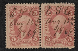 US Revenue R27c (1862) 5c - Used - EFO: Line between stamps -& Date Cancel - Picture 1 of 2