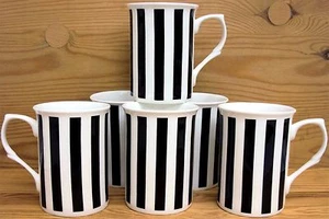 Black Vertical Lines Mugs Set of 6 Bone China Stripes Cups Hand Decorated UK - Picture 1 of 9