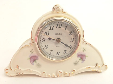 Vintage Bulova Porcelain Mantle Desk Clock Off White Gold with Purple Flowers Cover