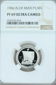 1986 ISLE OF MAN PLATINUM 1/4 NOBLE NGC PF 69 ULTRA CAMEO 1/4 OZ LOW MINTAGE - Picture 1 of 4