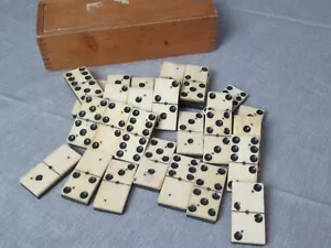 Antique Handmade 19th Century 28 Bone Ebony Wood Dominoes Game Set c5 tk - Picture 1 of 8