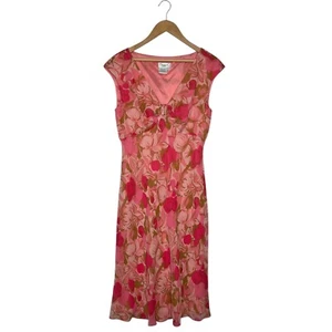 Abito vintage Maggy London donna 10 seta midi floreale scollo a V foderato cappuccio manica rosa - Foto 1 di 11