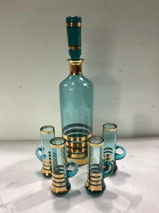 Vintage MCM Karaffe mit 4 großen schmalen gold gestreiften blau Cordial Gläsern, Henkel - Bild 1 von 6
