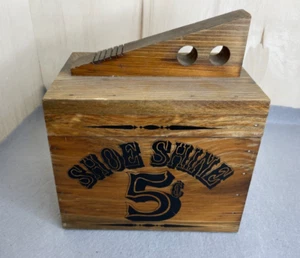 VTG 1950’s Wooden Shoe Shine Box 5 Cent with Foot Rest Brass Latch Hinges Brush - Picture 1 of 17