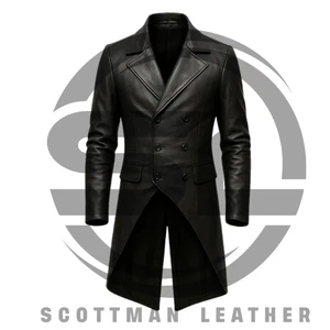 Men’s Black Leather Tailcoat – Gothic Steampunk Long Jacket - Picture 1 of 2