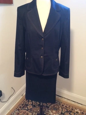 Traje Falda TAHARI Talla 14/12, Denim Refinado Look Azul Marino con Costuras Doradas Top Foto 1 de 4