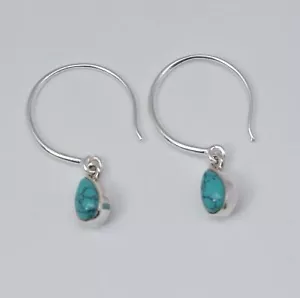 925 Solid Sterling Silver Blue Turquoise Hoop Earring-1.2 Inch I139 - Picture 1 of 4