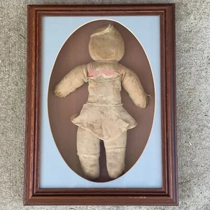 Vintage Rag Doll Framed Handmade Girl Dress Pink Blue Primitive Loved 15.5 In - Bild 1 von 9