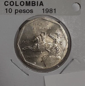 1981 Colombia 10 Pesos Nickel-Brass Coin KM#270  Cordoba Monument   BU - Picture 1 of 2