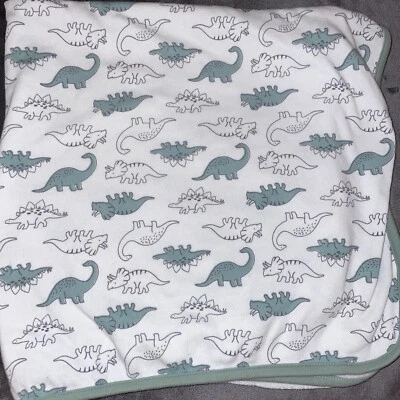 Carters Just One You DINOSAUR Baby Swaddle Blanket White Green 30x29 Cotton Soft - Image 1 of 4