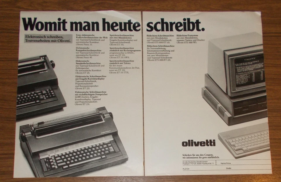 Seltene Werbung OLIVETTI ETV 1010 Word Processor Schreibsystem Textcomputer 1982 - Image 1 of 1
