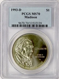1993 D JAMES MADISON Silver Dollar $1 MS70 PCGS💥FLAWLESS QUALITY💥 - Picture 1 of 4