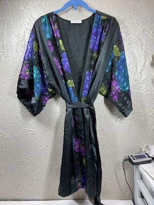 Lucie Ann II Vintage Black Sheer Floral Lace Robe Kimono Sleeves USA Size Small - Image 1 of 4