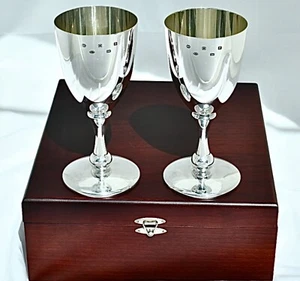 Pair Of Sterling Silver & Gilt Wine Goblets, By Carr’s + Presentation Case :444g - Picture 1 of 21