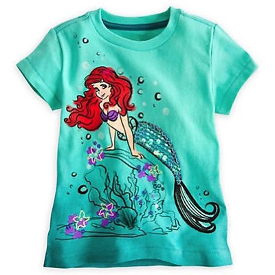 Disney Girls Ariel The Little Mermaid Tee T-Shirt Organic Cotton Teal Sequin NEW - Image 1 of 2