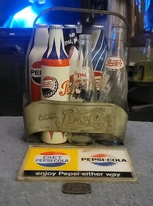 VINTAGE PEPSI COLA LOT-METAL EMBOSSED SIX-PACK BOTTLE CARRIER-6 BOTTLES-SIGN-TAG - Picture 1 of 23
