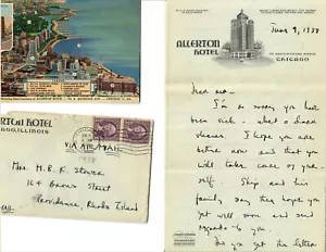 Allerton Hotel Chicago IL 1938 Postcard, Letter and Envelope - Picture 1 of 1